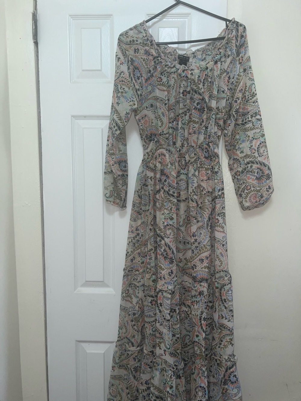 Boho Paisley Long Sleeve Maxi Dress in Cream